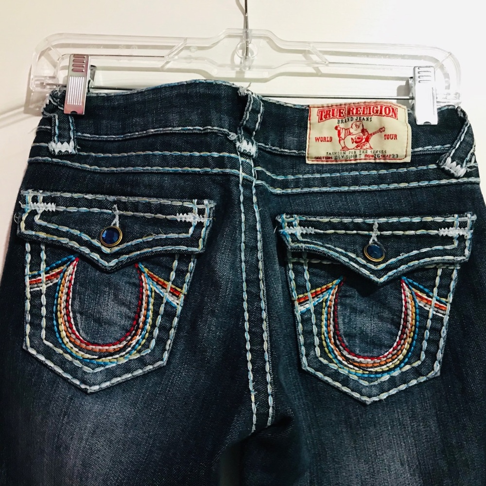True Religion Dark Wash with Rainbow Stitching